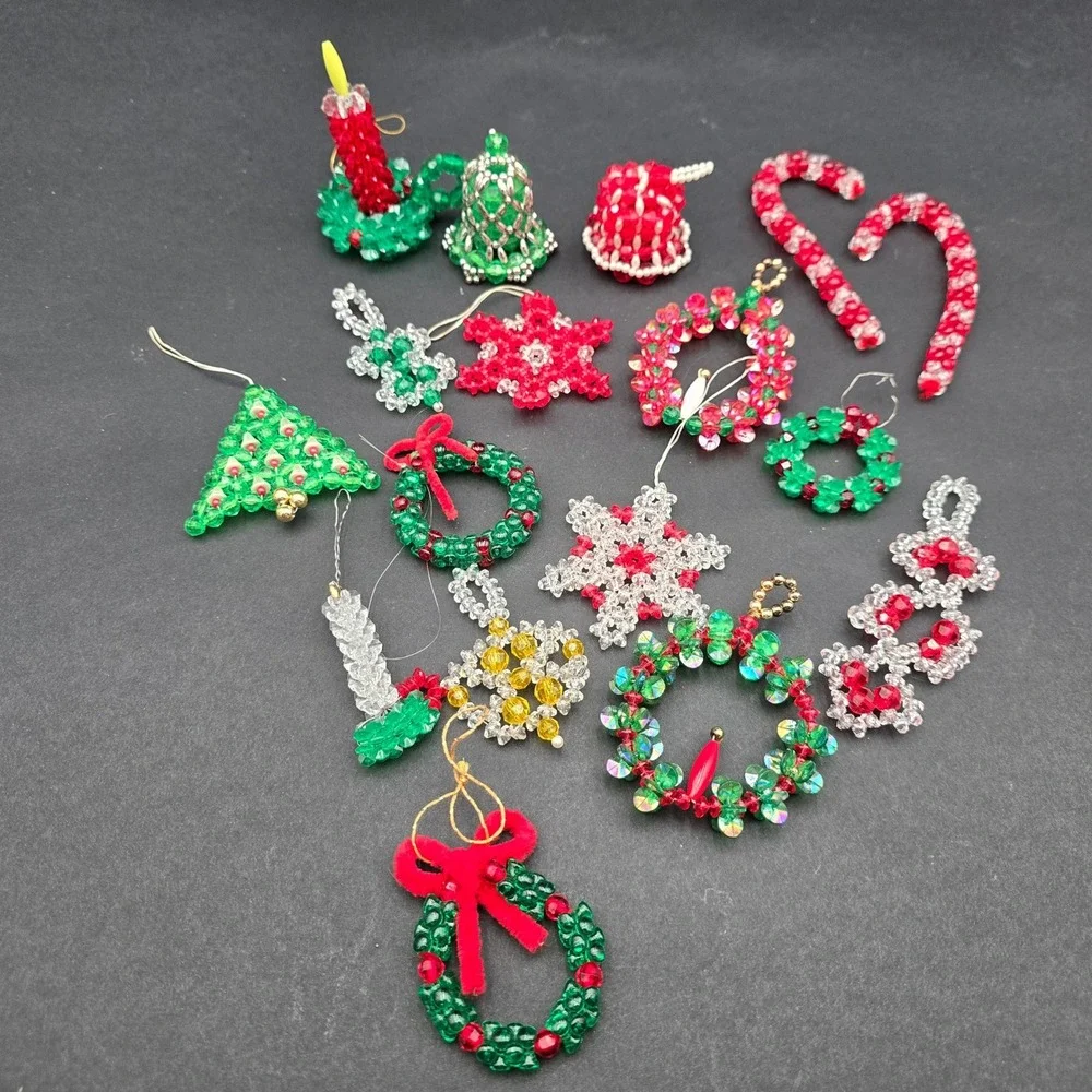 Vintage Handmade Beaded Christmas Ornaments Lot Wreaths Candy Canes Snowflakes